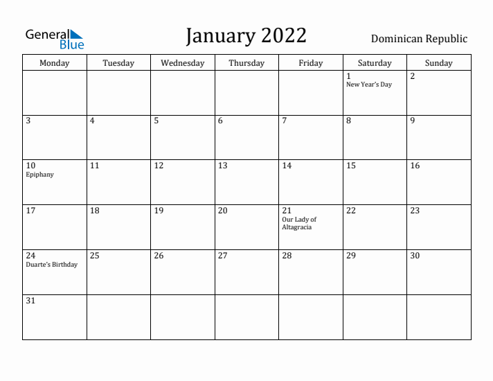 January 2022 Calendar Dominican Republic