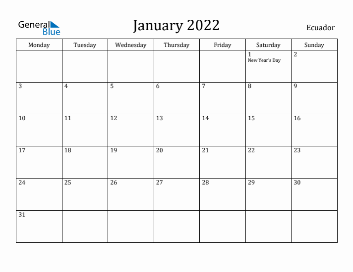 January 2022 Calendar Ecuador