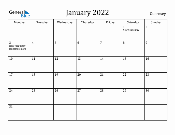 January 2022 Calendar Guernsey