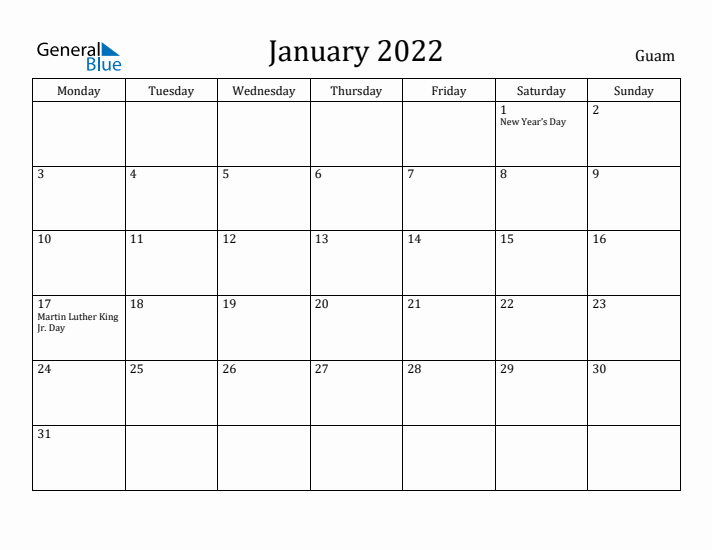 January 2022 Calendar Guam