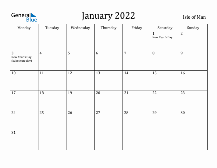 January 2022 Calendar Isle of Man