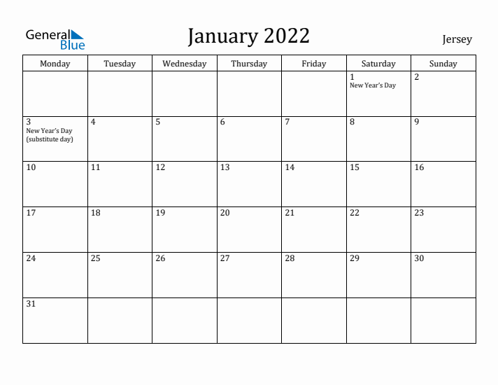 January 2022 Calendar Jersey