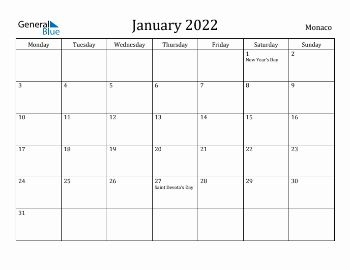 January 2022 Calendar Monaco