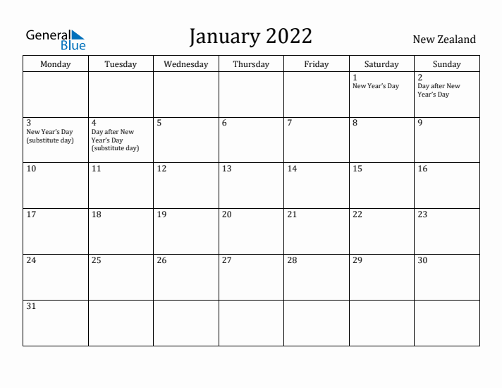 January 2022 Calendar New Zealand