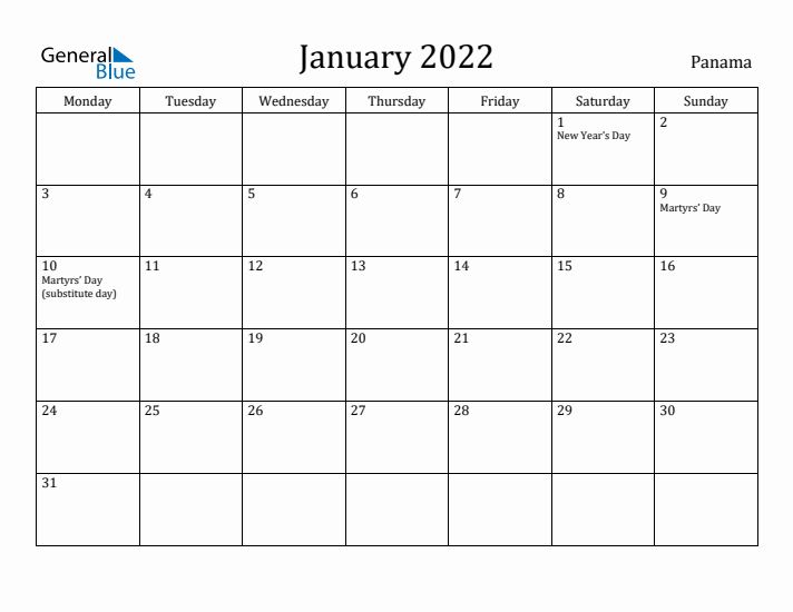 January 2022 Calendar Panama