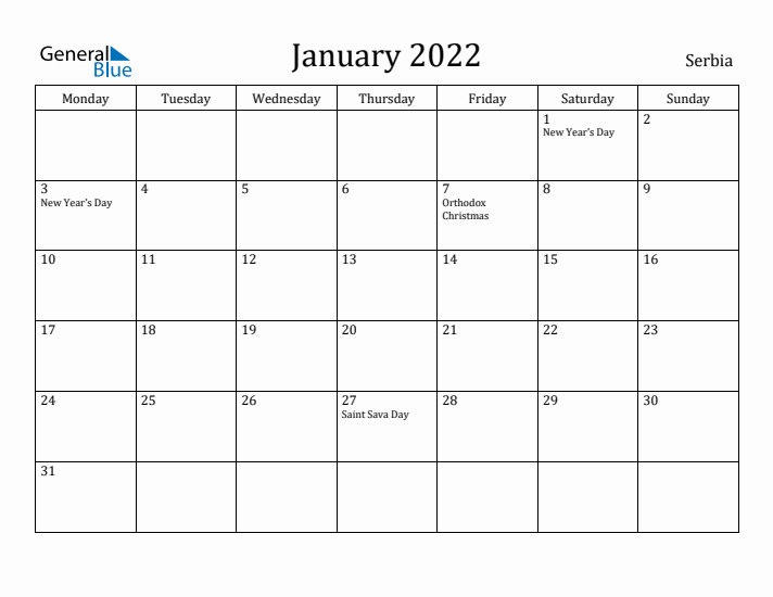 January 2022 Calendar Serbia