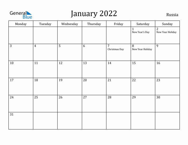 January 2022 Calendar Russia