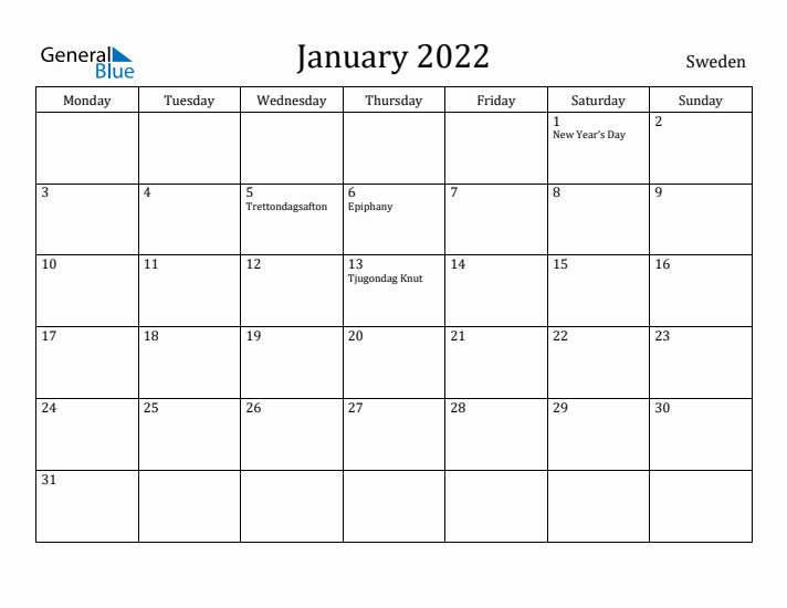 January 2022 Calendar Sweden