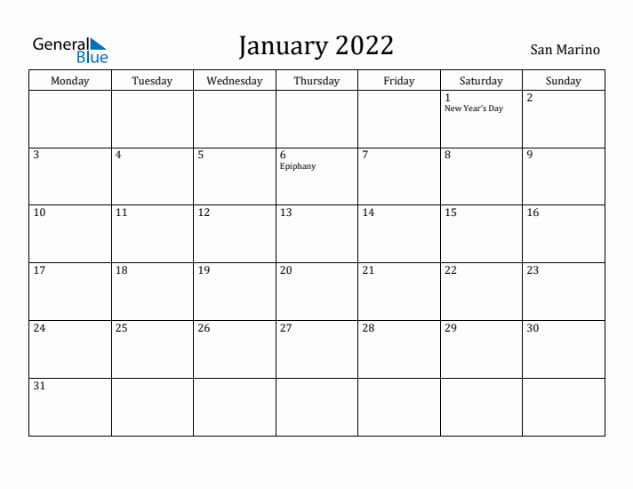 January 2022 Calendar San Marino