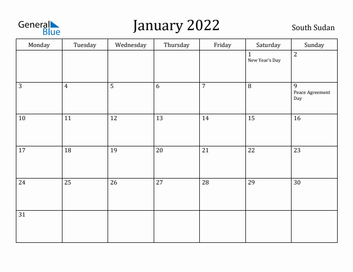 January 2022 Calendar South Sudan