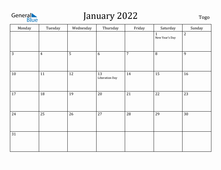 January 2022 Calendar Togo