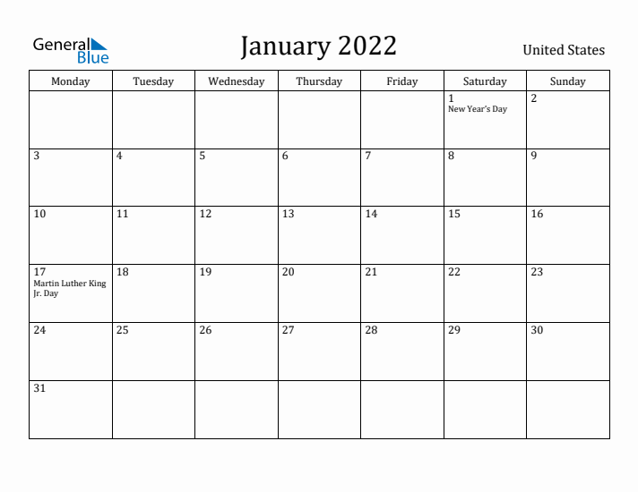 January 2022 Calendar United States