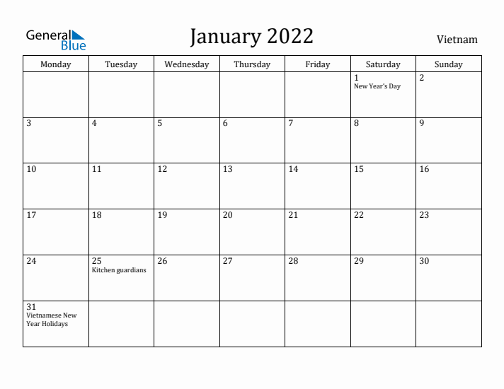 January 2022 Calendar Vietnam