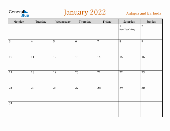 January 2022 Holiday Calendar with Monday Start