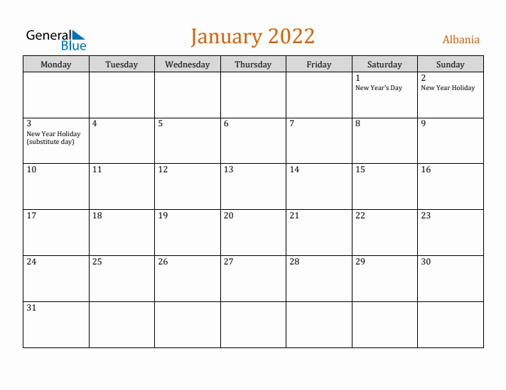 January 2022 Holiday Calendar with Monday Start