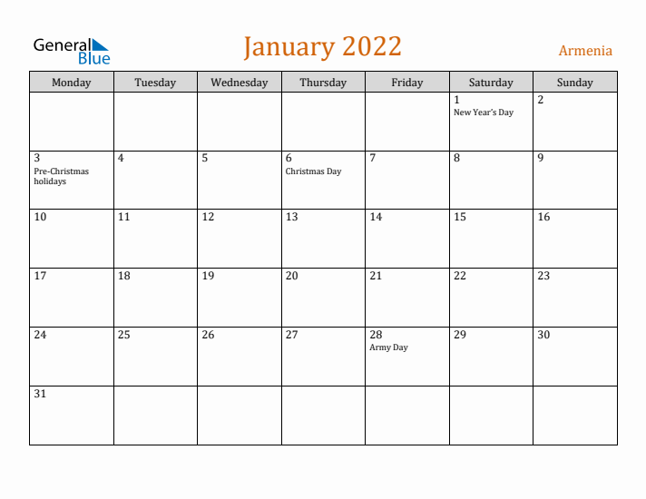 January 2022 Holiday Calendar with Monday Start