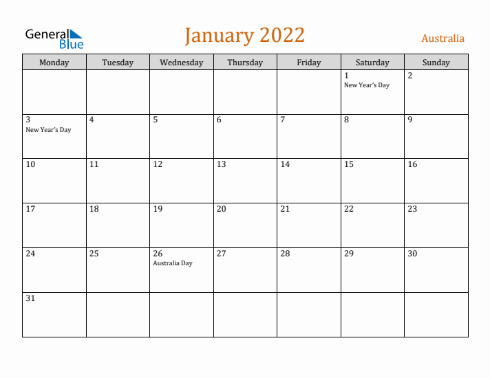 January 2022 Holiday Calendar with Monday Start