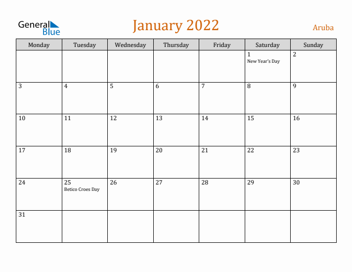 January 2022 Holiday Calendar with Monday Start