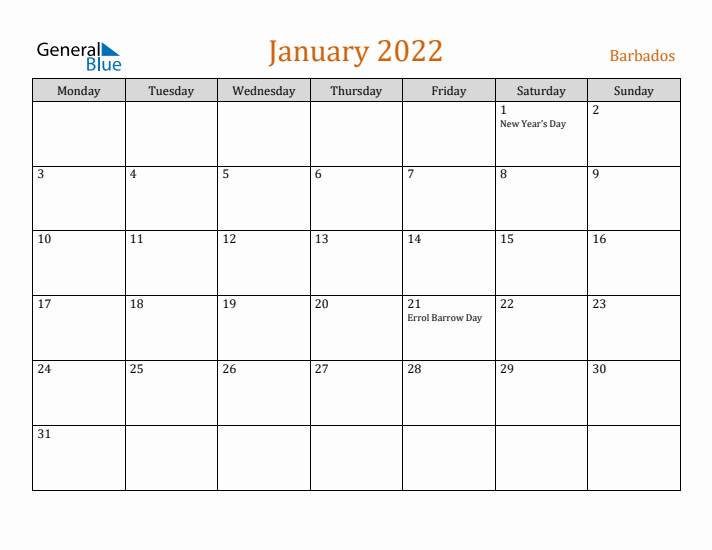 January 2022 Holiday Calendar with Monday Start