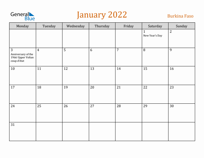 January 2022 Holiday Calendar with Monday Start