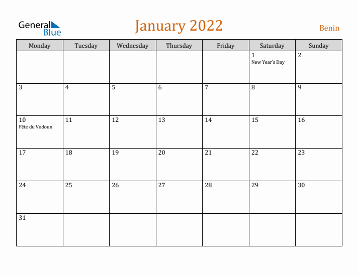 January 2022 Holiday Calendar with Monday Start