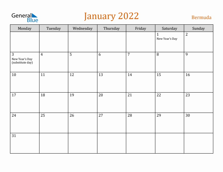 January 2022 Holiday Calendar with Monday Start