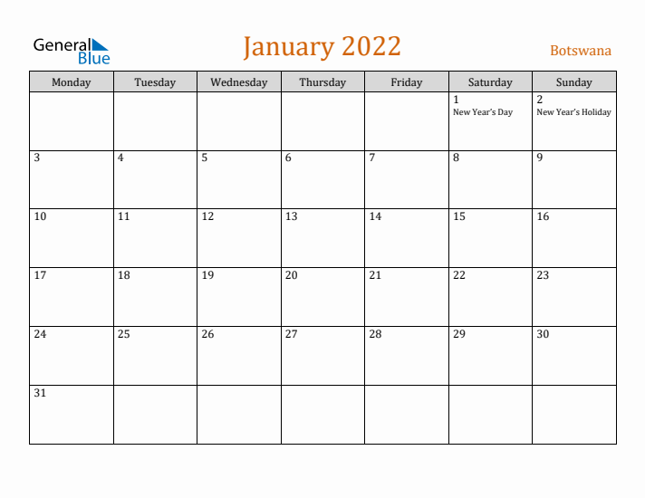 January 2022 Holiday Calendar with Monday Start