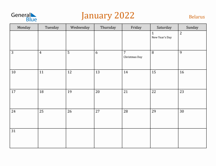 January 2022 Holiday Calendar with Monday Start