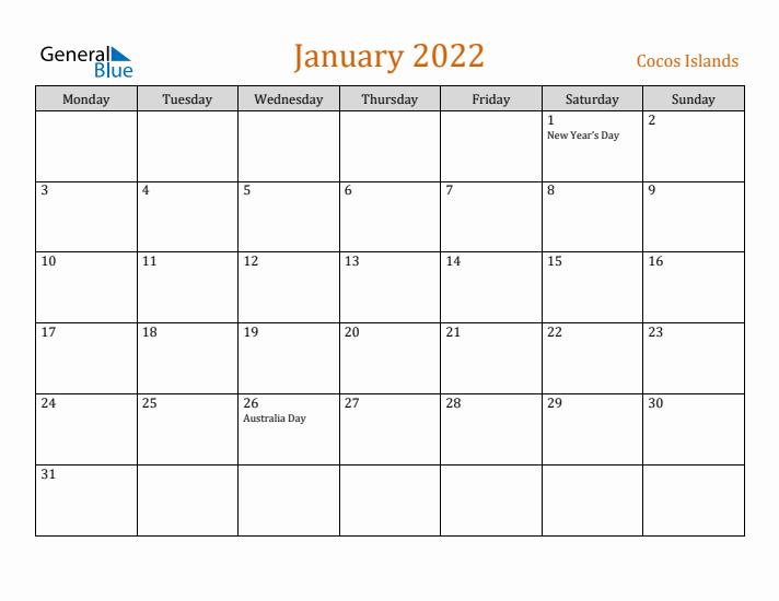 January 2022 Holiday Calendar with Monday Start