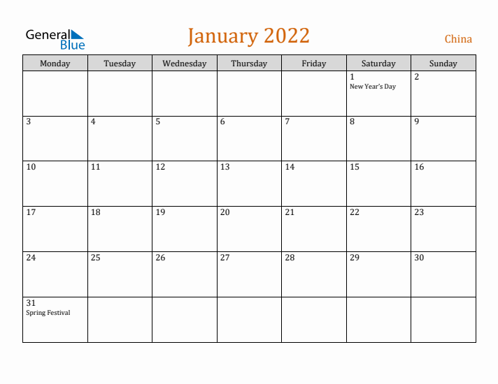 January 2022 Holiday Calendar with Monday Start