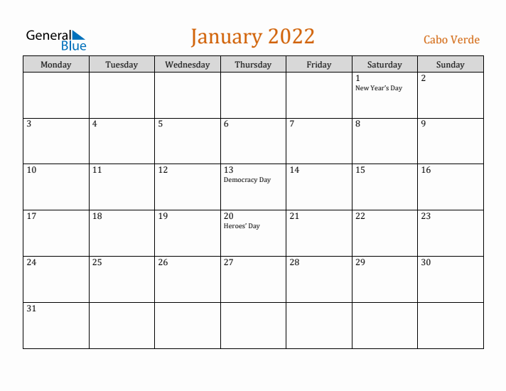 January 2022 Holiday Calendar with Monday Start