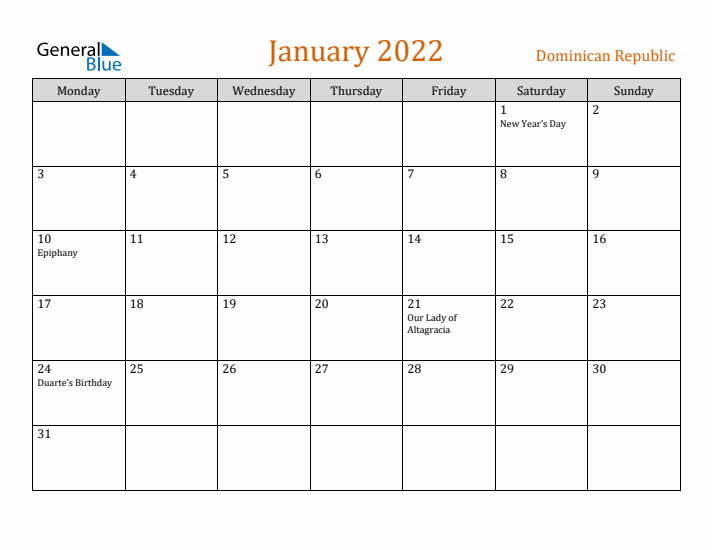 January 2022 Holiday Calendar with Monday Start