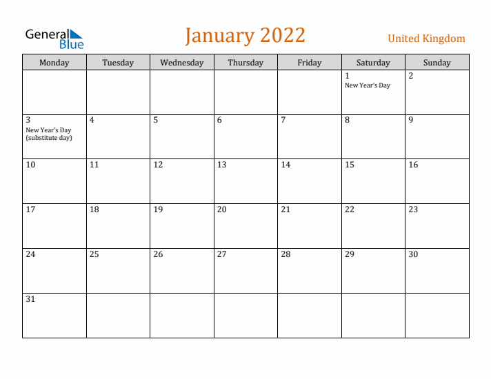 January 2022 Holiday Calendar with Monday Start