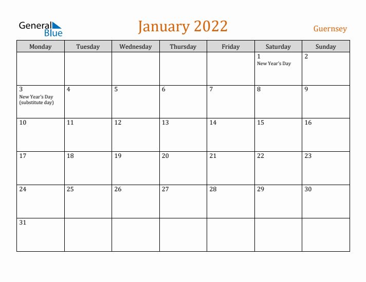 January 2022 Holiday Calendar with Monday Start