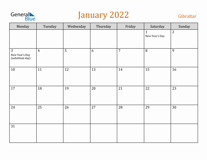 January 2022 Holiday Calendar with Monday Start