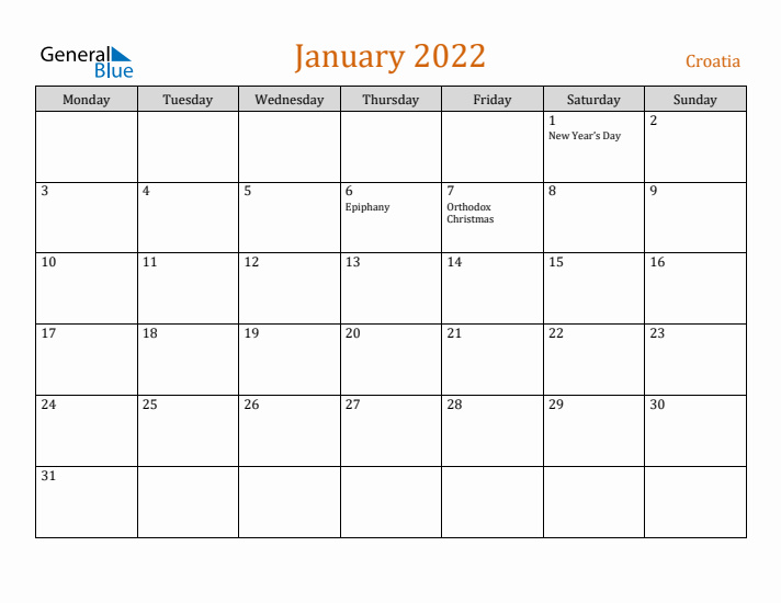 January 2022 Holiday Calendar with Monday Start