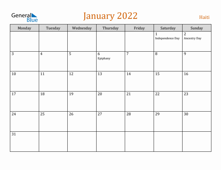 January 2022 Holiday Calendar with Monday Start