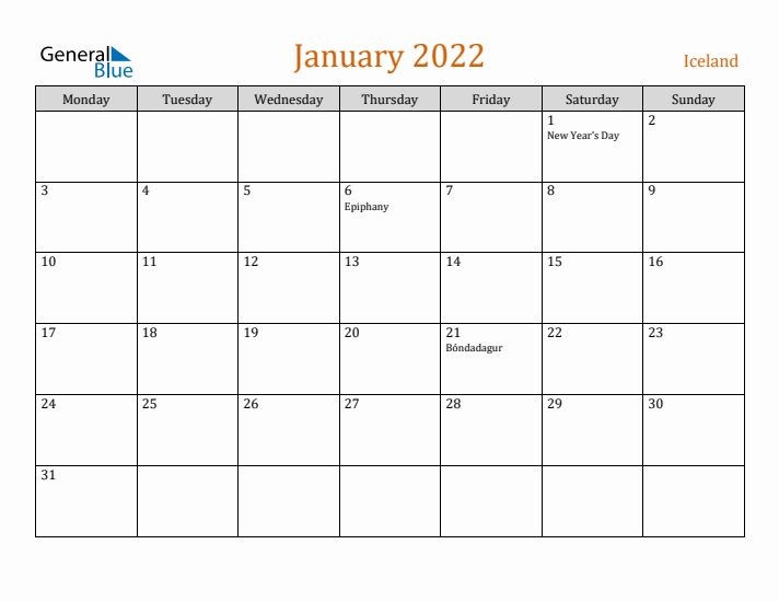 January 2022 Holiday Calendar with Monday Start