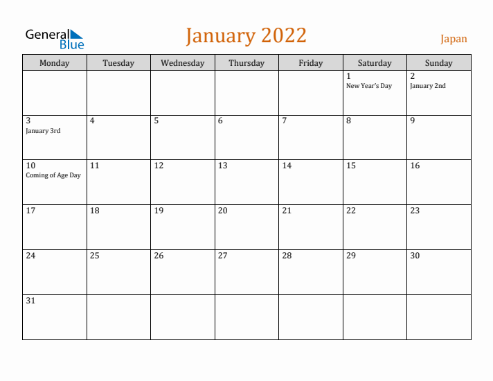 January 2022 Holiday Calendar with Monday Start