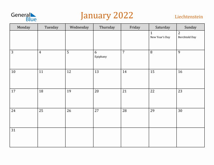 January 2022 Holiday Calendar with Monday Start