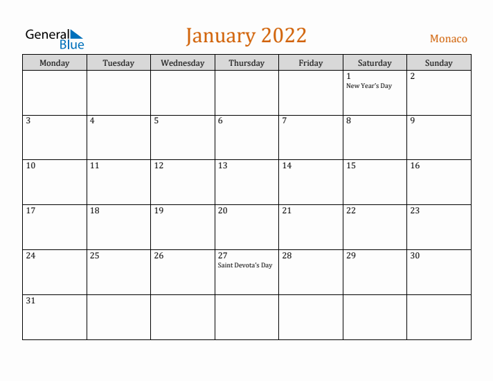 January 2022 Holiday Calendar with Monday Start