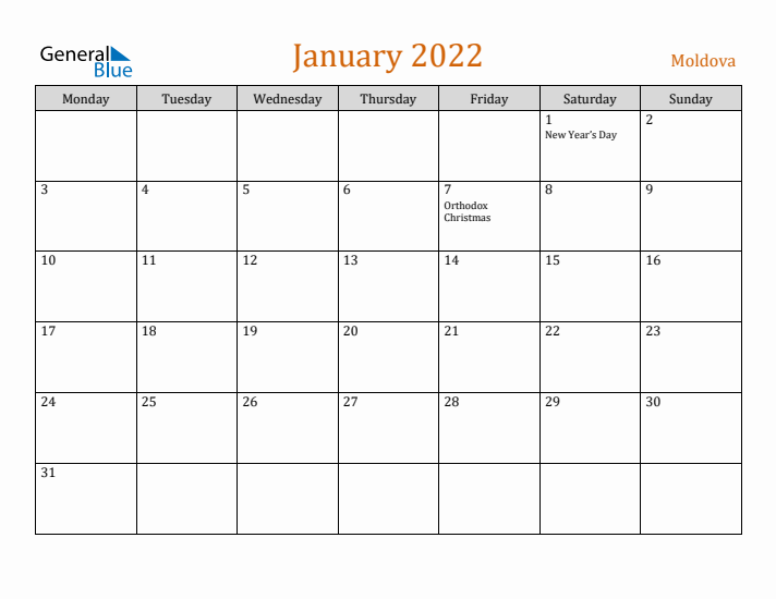 January 2022 Holiday Calendar with Monday Start