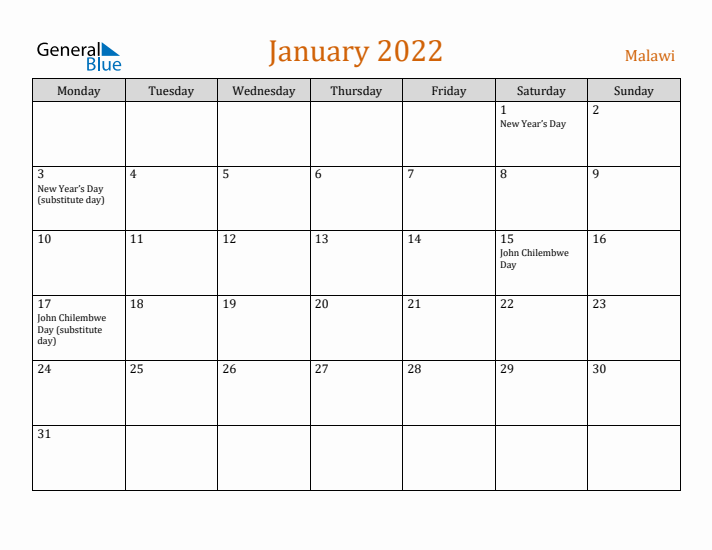 January 2022 Holiday Calendar with Monday Start