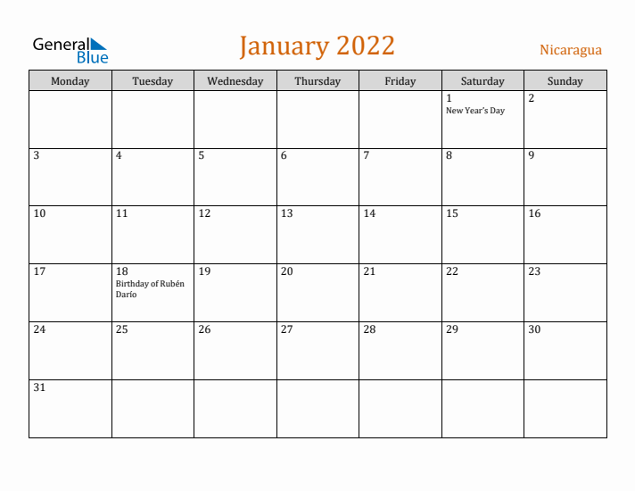 January 2022 Holiday Calendar with Monday Start