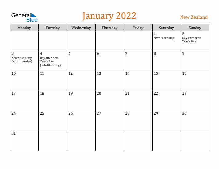 January 2022 Holiday Calendar with Monday Start