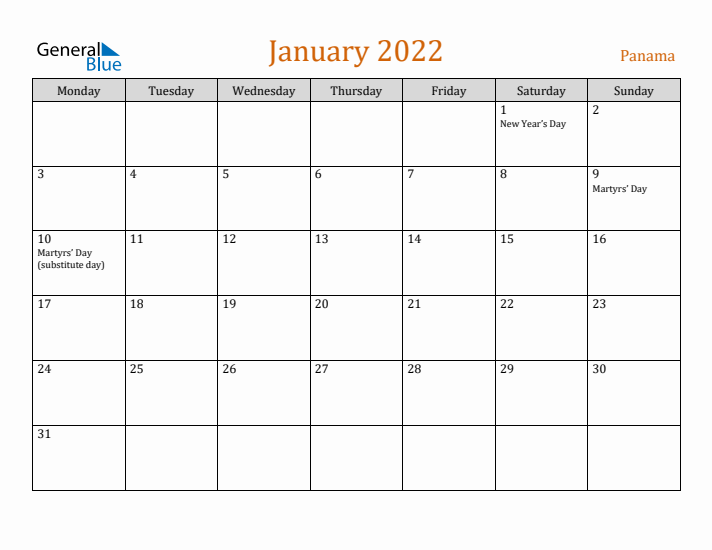 January 2022 Holiday Calendar with Monday Start