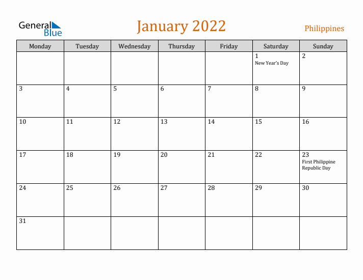 January 2022 Holiday Calendar with Monday Start