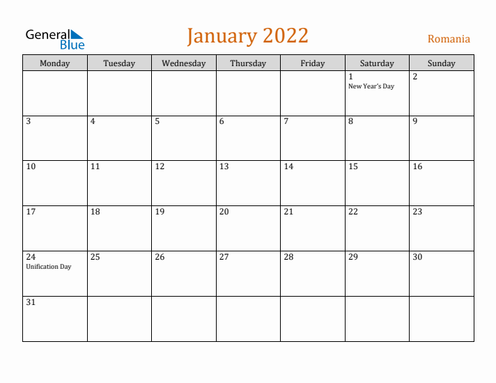 January 2022 Holiday Calendar with Monday Start