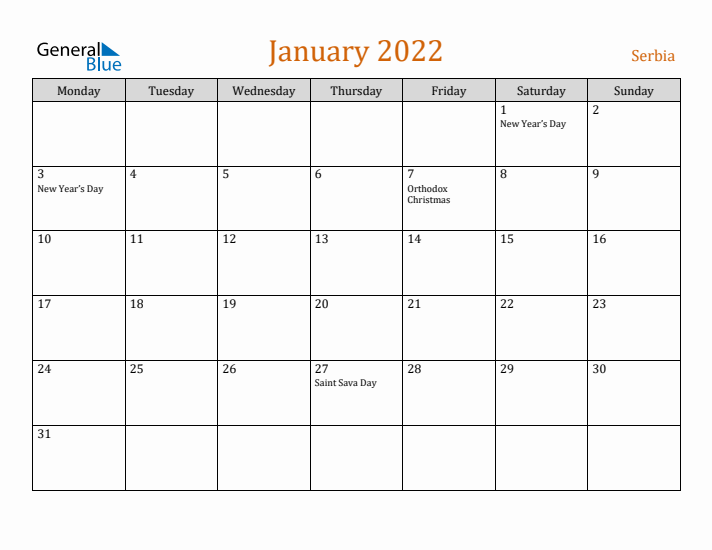 January 2022 Holiday Calendar with Monday Start