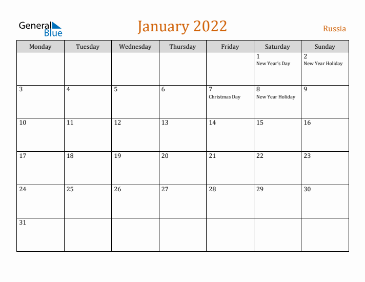 January 2022 Holiday Calendar with Monday Start